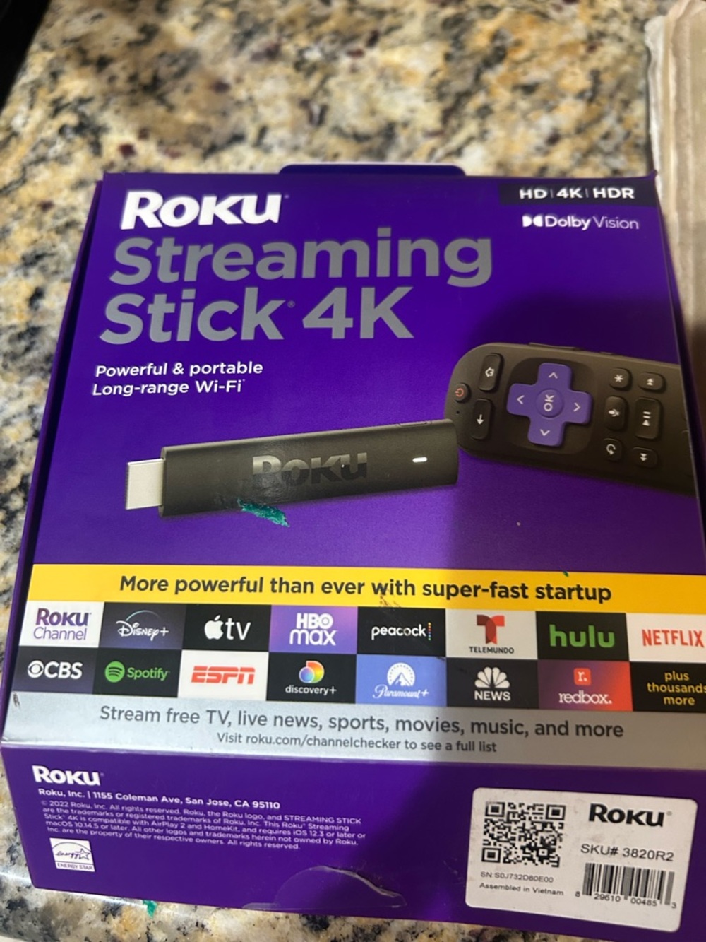 Roku Streaming Stick 4K - Purple Box with Black Stick